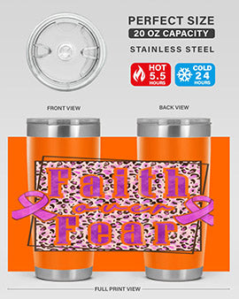 Faih Over Fear Alzheimer's Awareness Tumbler in stainless steel with a vibrant design, showcasing its double wall vacuum insulation.