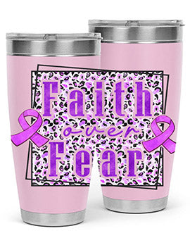 Faih Over Fear Alzheimer's Awareness Tumbler in stainless steel with a vibrant design, showcasing its double wall vacuum insulation.