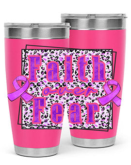 Faih Over Fear Alzheimer's Awareness Tumbler in stainless steel with a vibrant design, showcasing its double wall vacuum insulation.