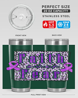 Faih Over Fear Alzheimer's Awareness Tumbler in stainless steel with a vibrant design, showcasing its double wall vacuum insulation.