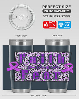 Faih Over Fear Alzheimer's Awareness Tumbler in stainless steel with a vibrant design, showcasing its double wall vacuum insulation.