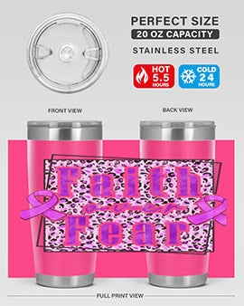 Faih Over Fear Alzheimer's Awareness Tumbler in stainless steel with a vibrant design, showcasing its double wall vacuum insulation.