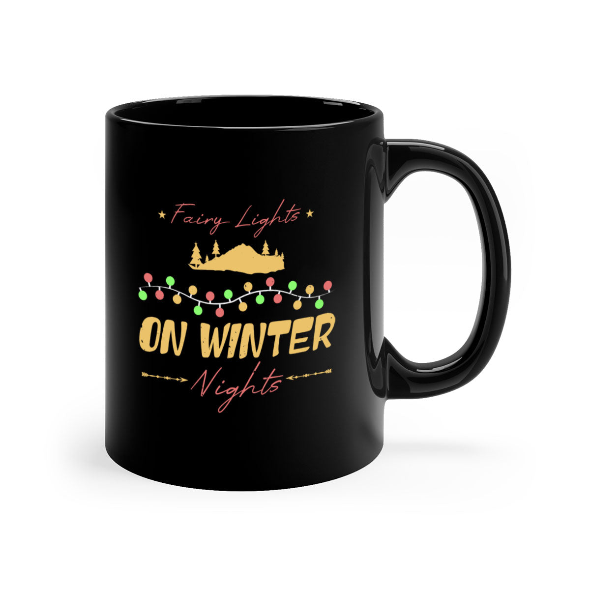 Ceramic fairy lights mug with colored handle and glossy finish, perfect for winter beverages.