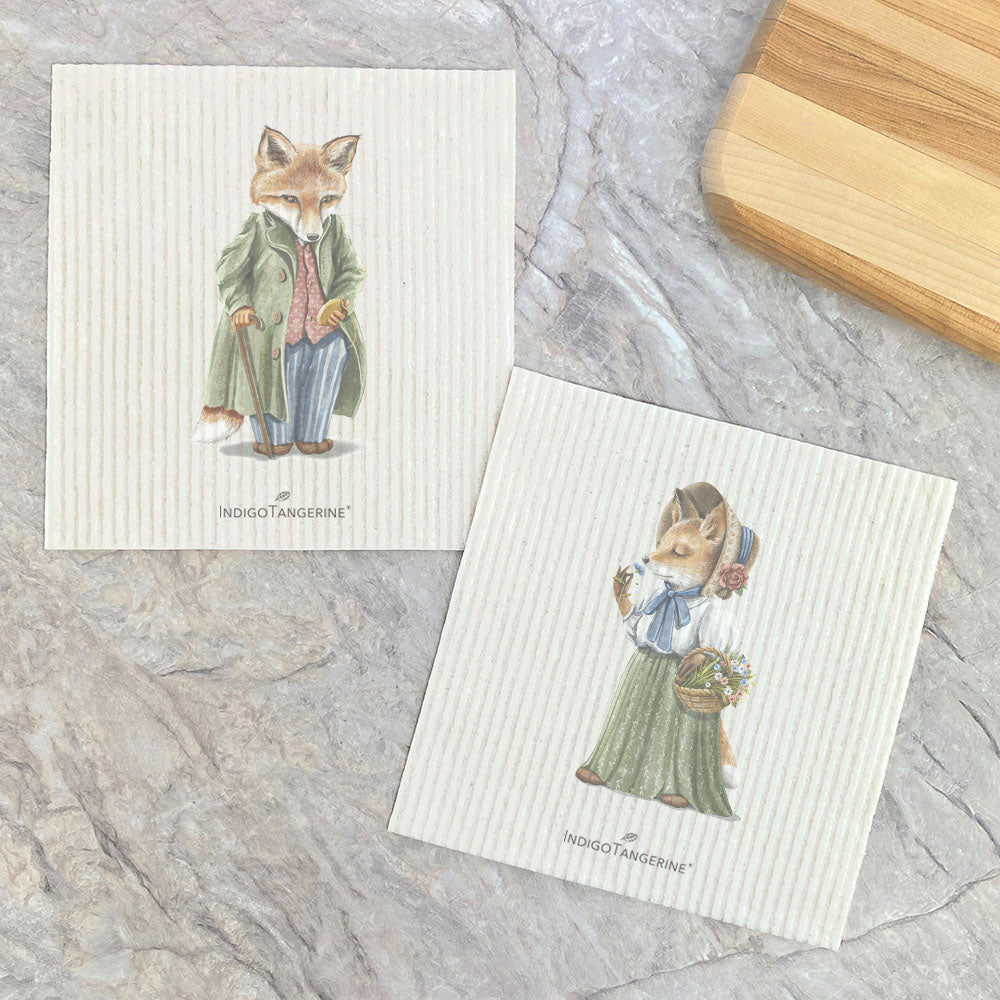 Fairytale Mr. and Ms. Fox Swedish Dish Cloths featuring charming designs, eco-friendly materials, and vibrant colors.