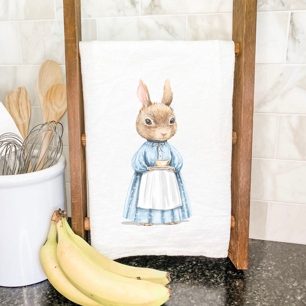 Fairytale Ms. Rabbit cotton tea towel featuring a whimsical design, perfect for kitchen use.