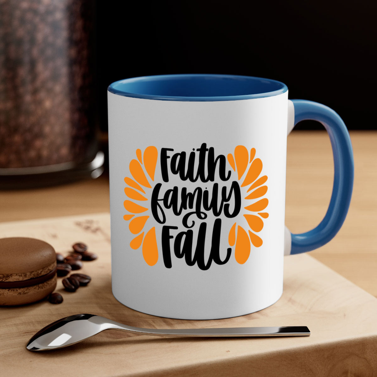 Faith Family Fall Mug featuring a two-tone design with a colored handle and interior, available in multiple colors and sizes.