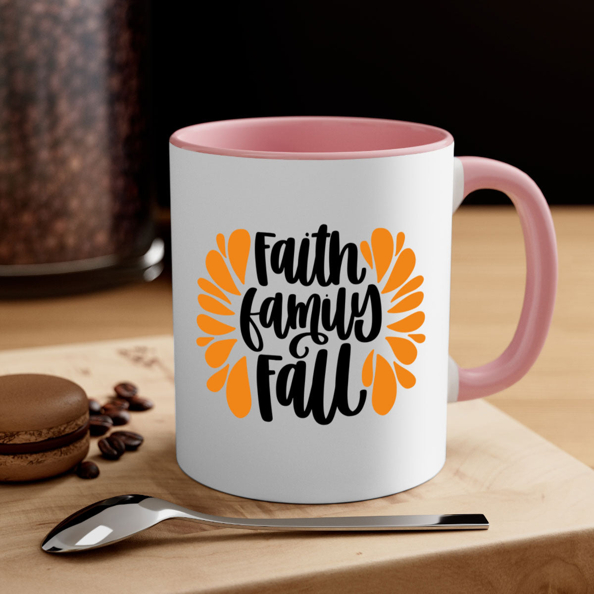 Faith Family Fall Mug featuring a two-tone design with a colored handle and interior, available in multiple colors and sizes.