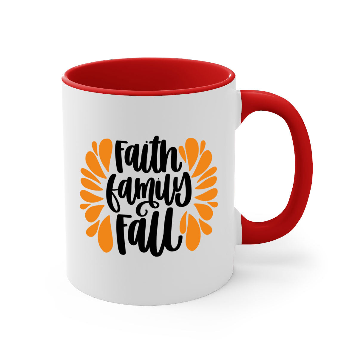 Faith Family Fall Mug featuring a two-tone design with a colored handle and interior, available in multiple colors and sizes.