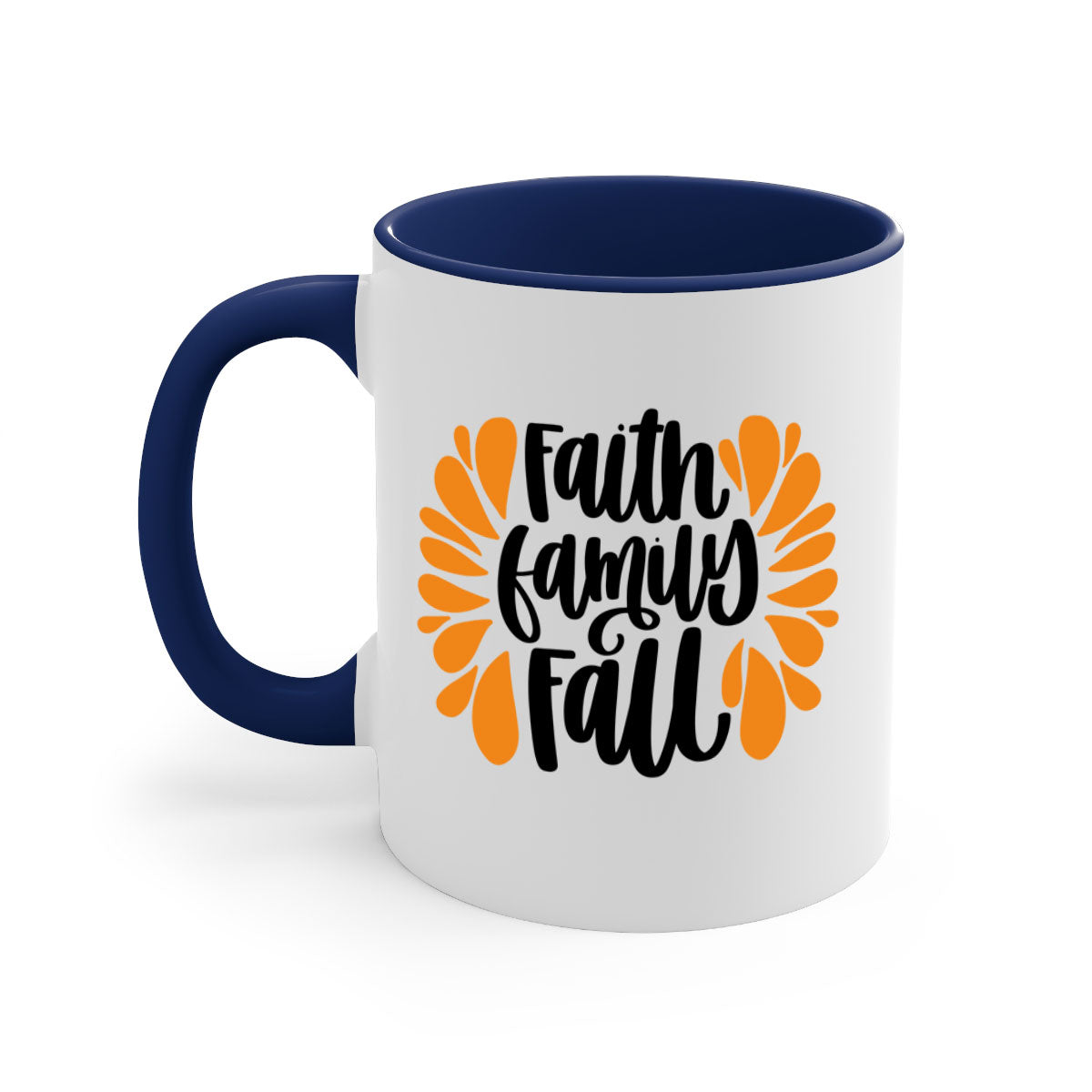 Faith Family Fall Mug featuring a two-tone design with a colored handle and interior, available in multiple colors and sizes.
