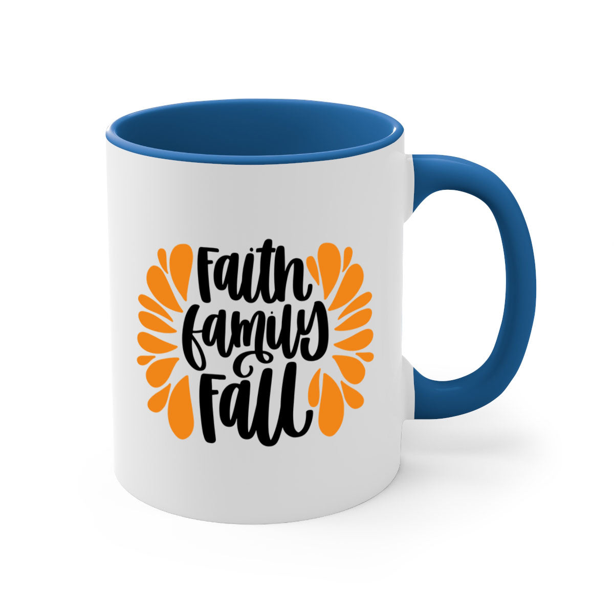 Faith Family Fall Mug featuring a two-tone design with a colored handle and interior, available in multiple colors and sizes.