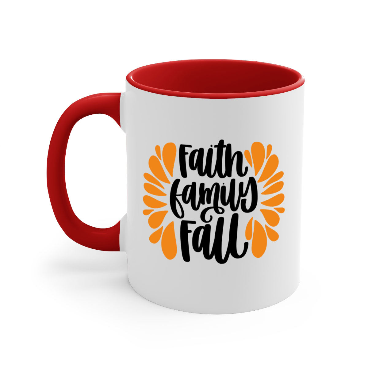 Faith Family Fall Mug featuring a two-tone design with a colored handle and interior, available in multiple colors and sizes.