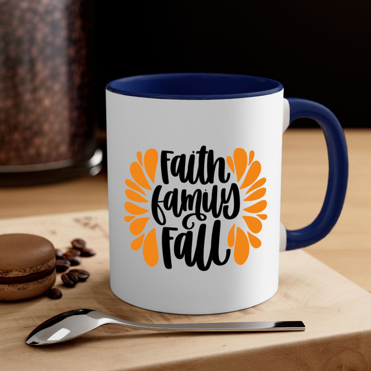 Faith Family Fall Mug featuring a two-tone design with a colored handle and interior, available in multiple colors and sizes.