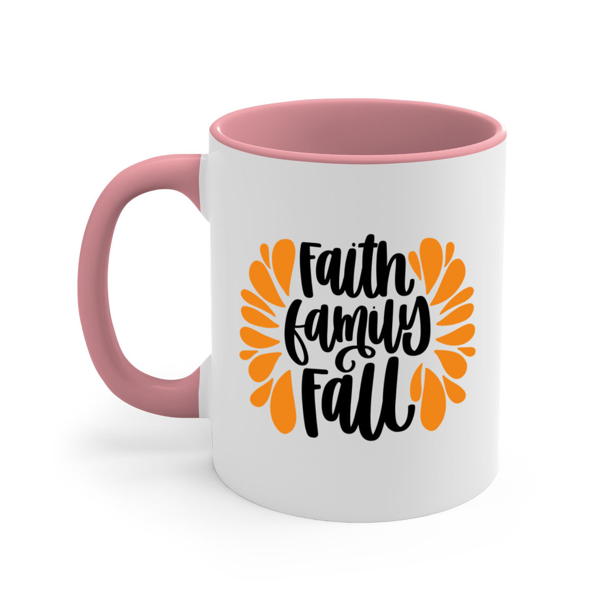 Faith Family Fall Mug featuring a two-tone design with a colored handle and interior, available in multiple colors and sizes.