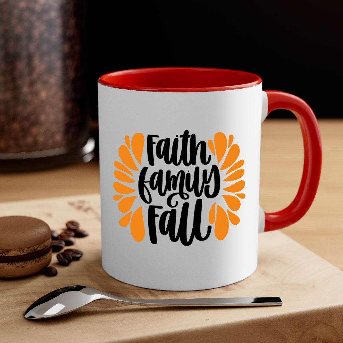 Faith Family Fall Mug featuring a two-tone design with a colored handle and interior, available in multiple colors and sizes.