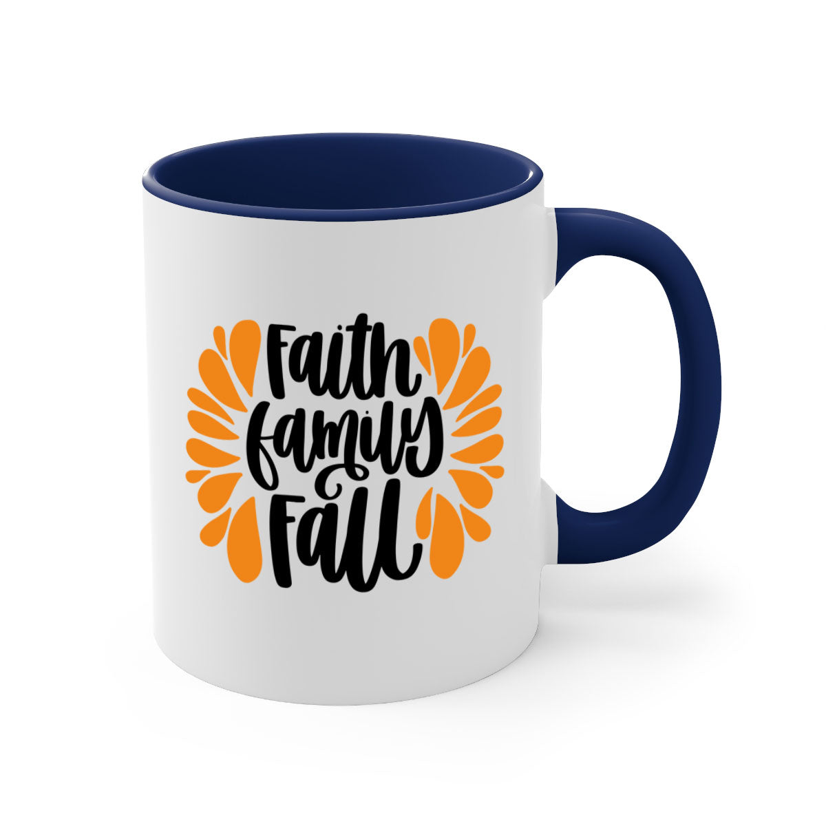 Faith Family Fall Mug featuring a two-tone design with a colored handle and interior, available in multiple colors and sizes.