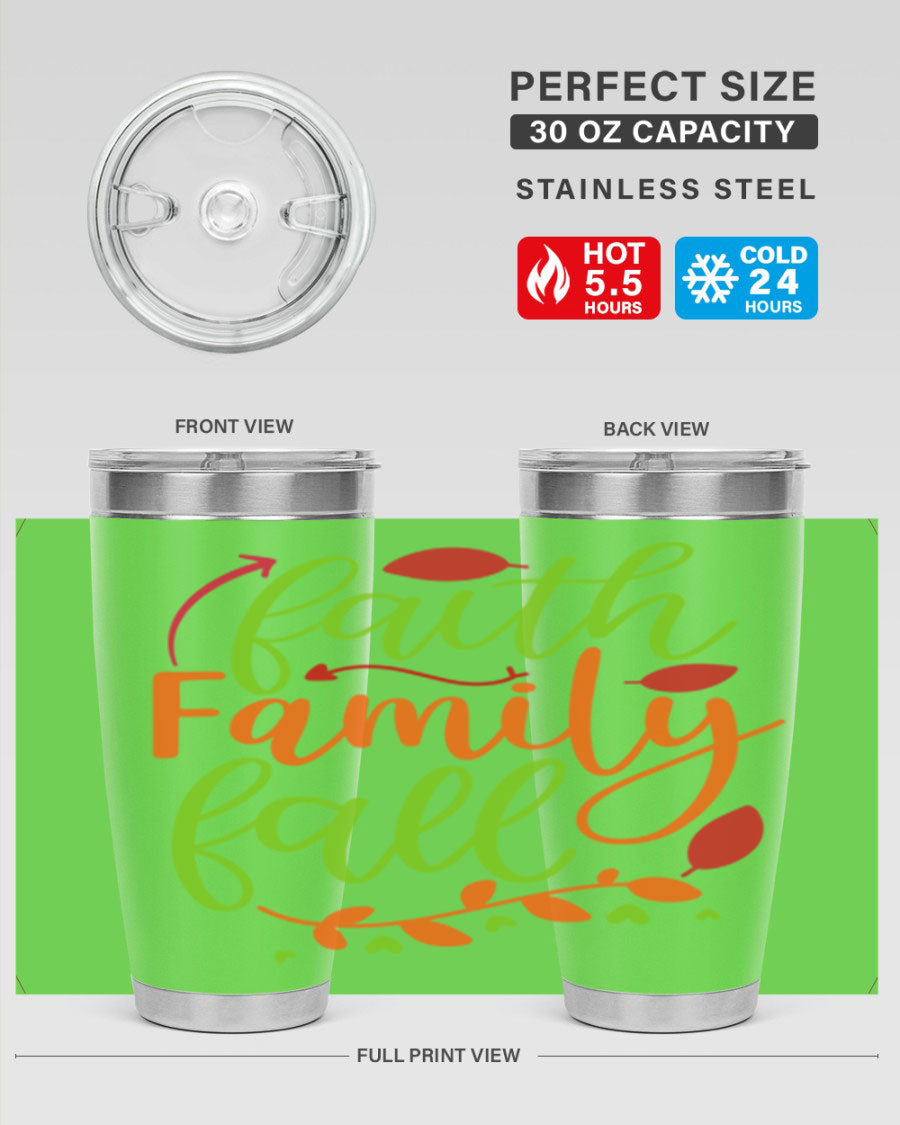 Faith Family Fall 20oz Tumbler in stainless steel with a fall-themed design, featuring a press-in lid and double wall vacuum insulation.
