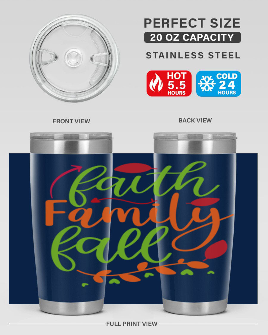 Faith Family Fall 20oz Tumbler in stainless steel with a fall-themed design, featuring a press-in lid and double wall vacuum insulation.