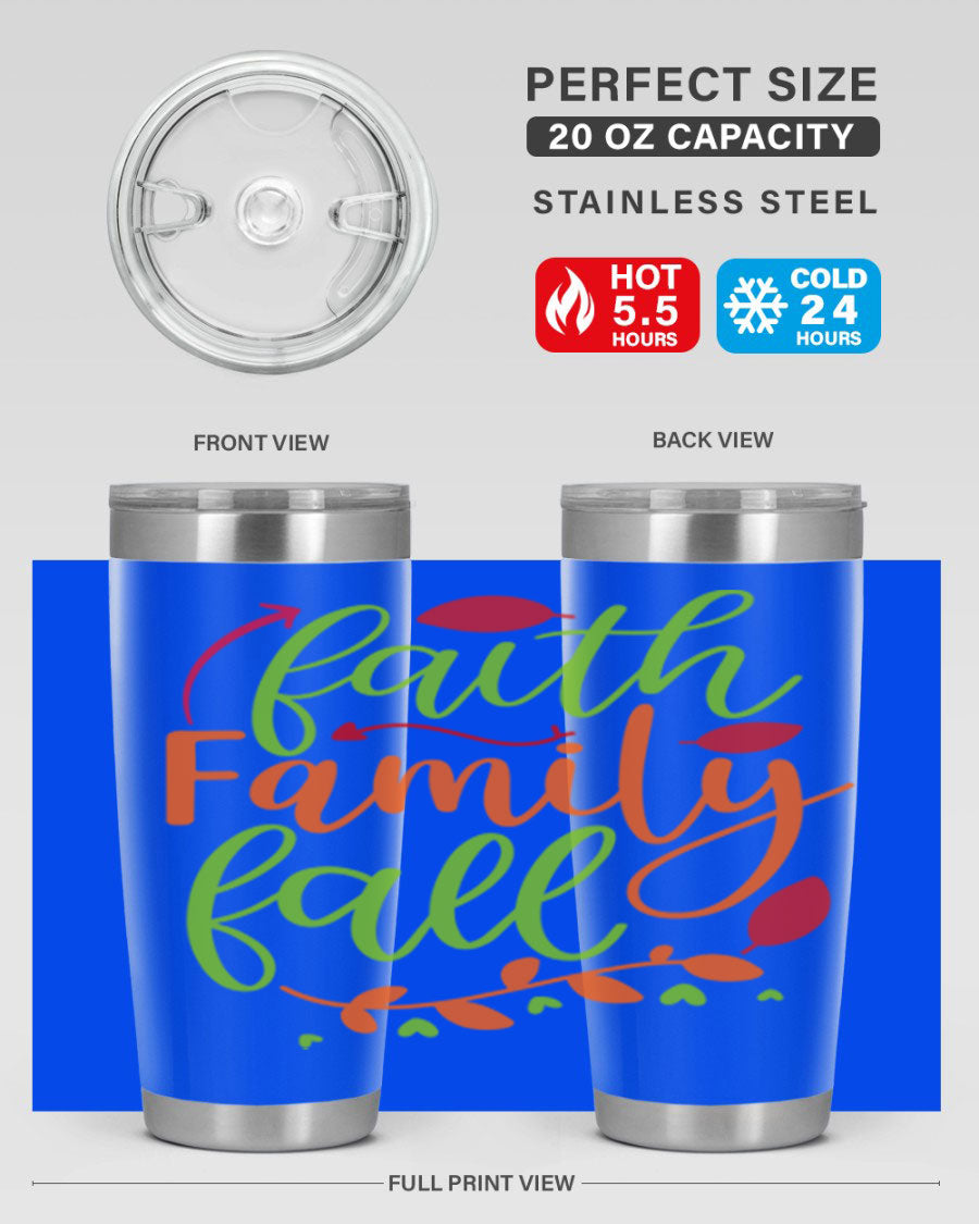 Faith Family Fall 20oz Tumbler in stainless steel with a fall-themed design, featuring a press-in lid and double wall vacuum insulation.