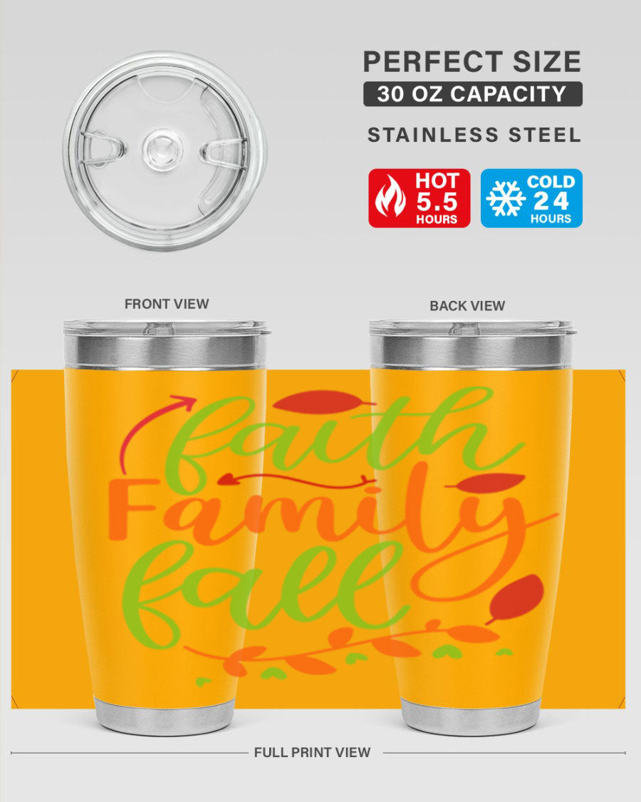 Faith Family Fall 20oz Tumbler in stainless steel with a fall-themed design, featuring a press-in lid and double wall vacuum insulation.