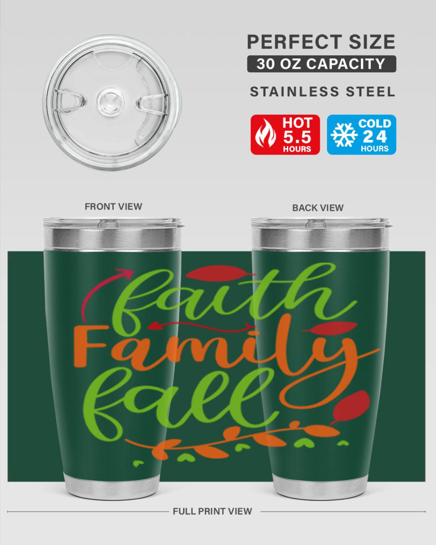 Faith Family Fall 20oz Tumbler in stainless steel with a fall-themed design, featuring a press-in lid and double wall vacuum insulation.