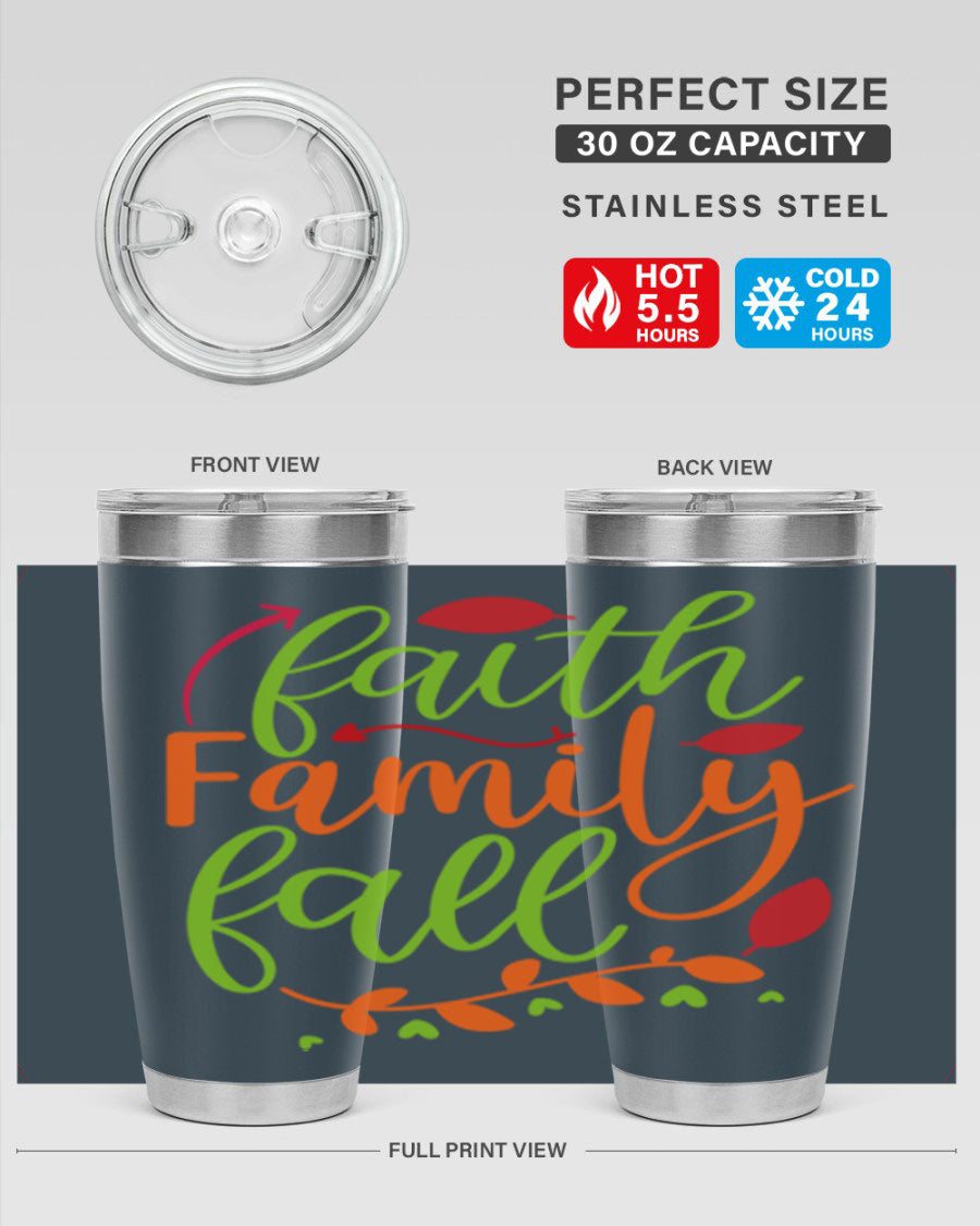 Faith Family Fall 20oz Tumbler in stainless steel with a fall-themed design, featuring a press-in lid and double wall vacuum insulation.