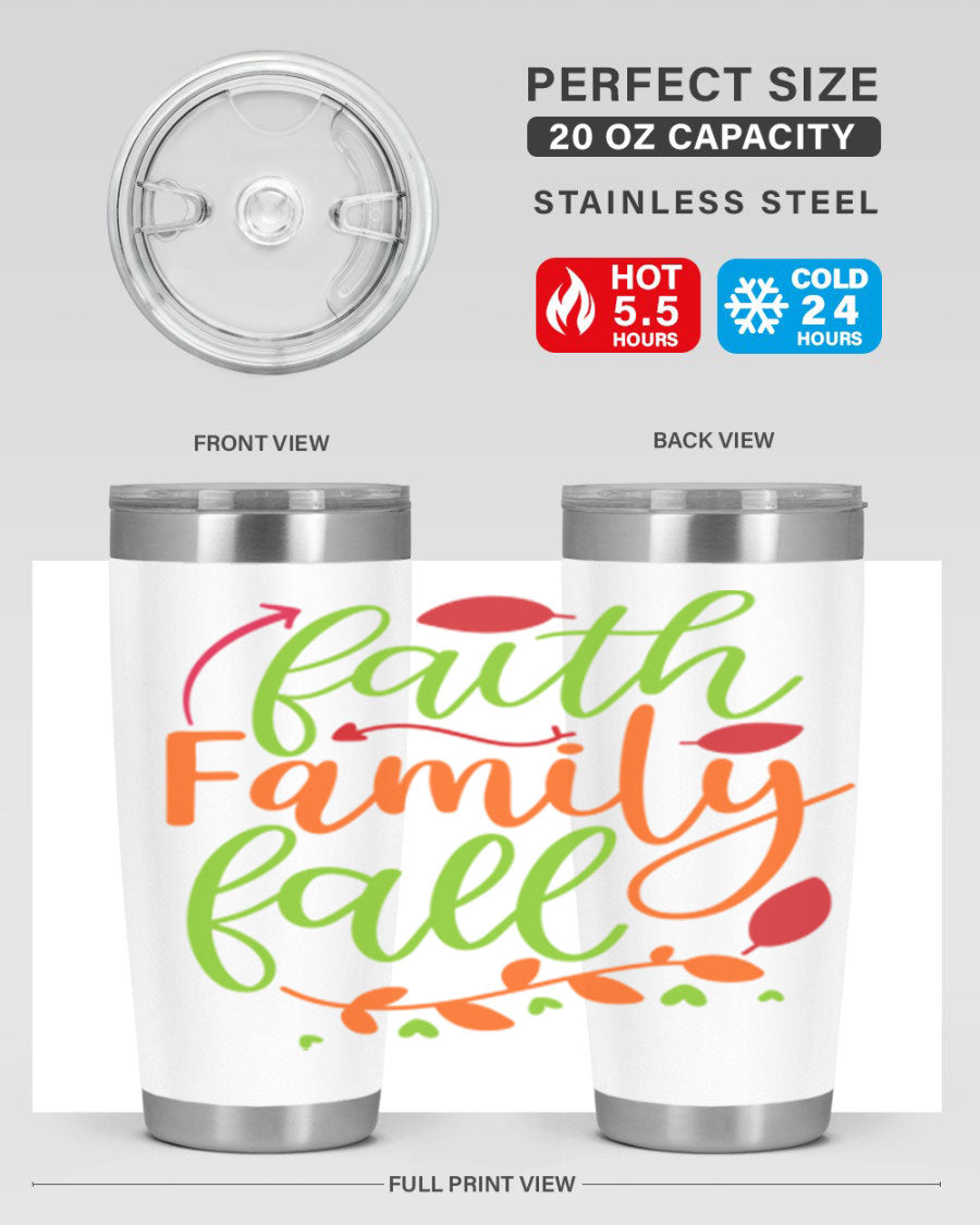 Faith Family Fall 20oz Tumbler in stainless steel with a fall-themed design, featuring a press-in lid and double wall vacuum insulation.