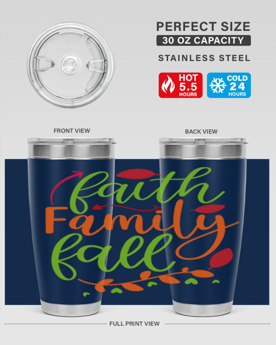 Faith Family Fall 20oz Tumbler in stainless steel with a fall-themed design, featuring a press-in lid and double wall vacuum insulation.