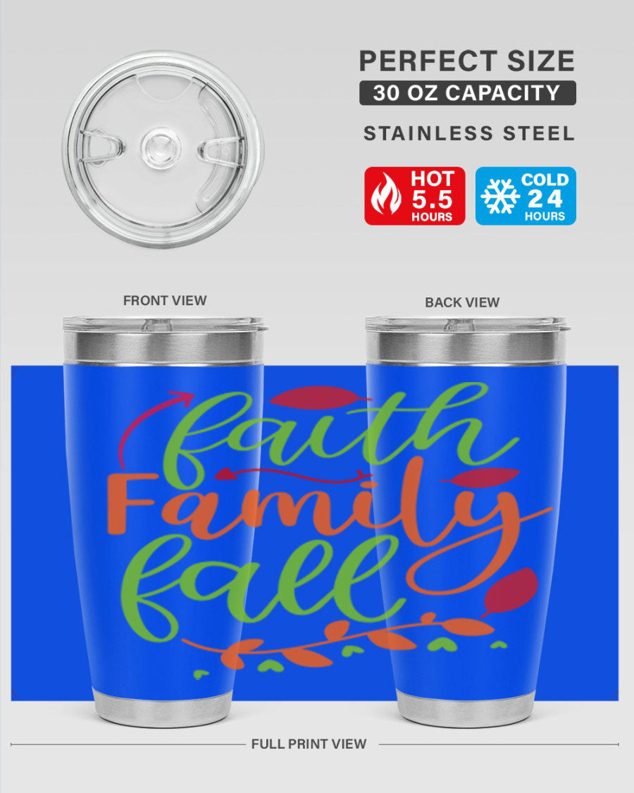 Faith Family Fall 20oz Tumbler in stainless steel with a fall-themed design, featuring a press-in lid and double wall vacuum insulation.