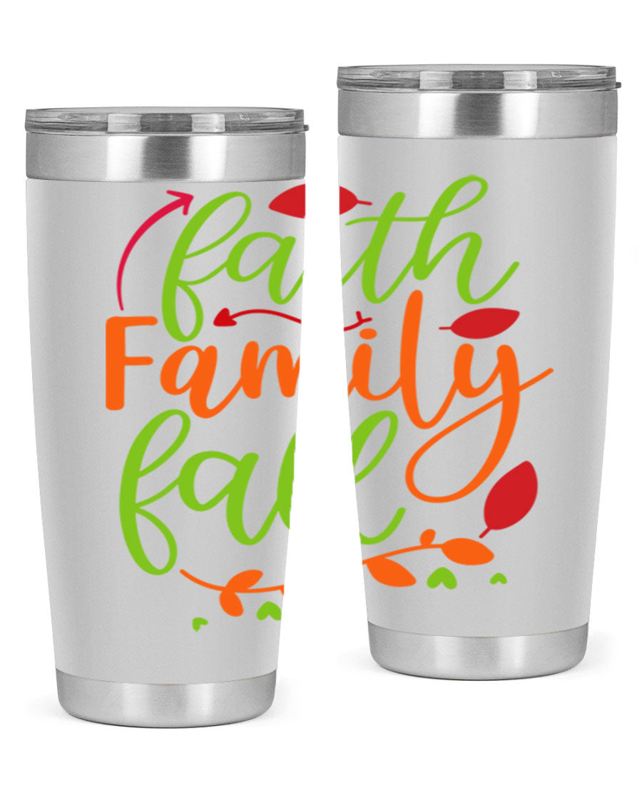 Faith Family Fall 20oz Tumbler in stainless steel with a fall-themed design, featuring a press-in lid and double wall vacuum insulation.