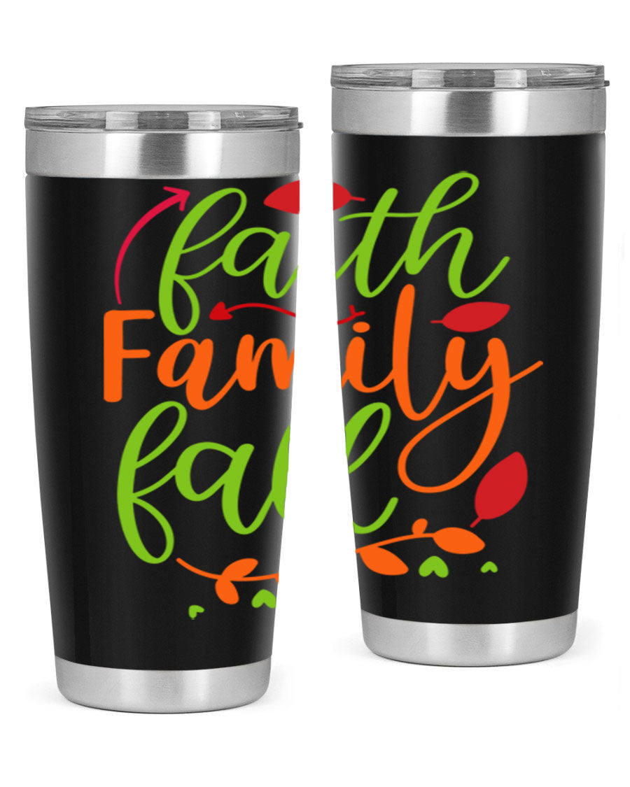 Faith Family Fall 20oz Tumbler in stainless steel with a fall-themed design, featuring a press-in lid and double wall vacuum insulation.