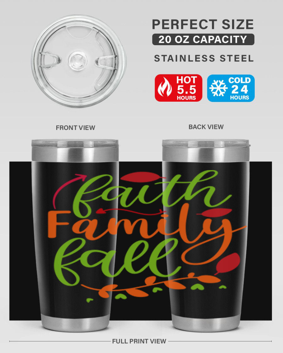 Faith Family Fall 20oz Tumbler in stainless steel with a fall-themed design, featuring a press-in lid and double wall vacuum insulation.