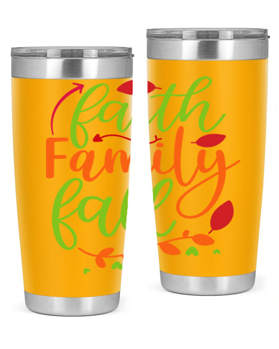 Faith Family Fall 20oz Tumbler in stainless steel with a fall-themed design, featuring a press-in lid and double wall vacuum insulation.
