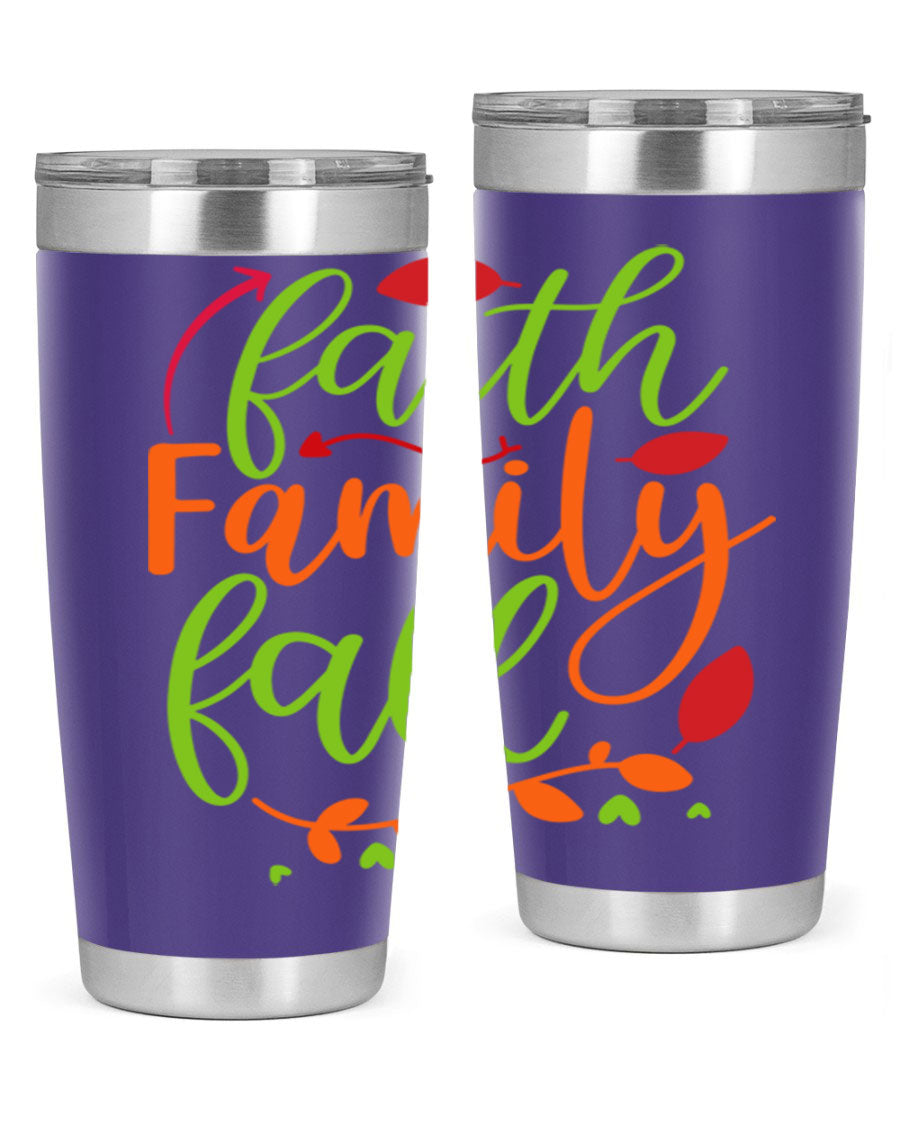 Faith Family Fall 20oz Tumbler in stainless steel with a fall-themed design, featuring a press-in lid and double wall vacuum insulation.