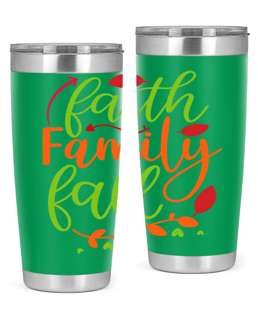 Faith Family Fall 20oz Tumbler in stainless steel with a fall-themed design, featuring a press-in lid and double wall vacuum insulation.