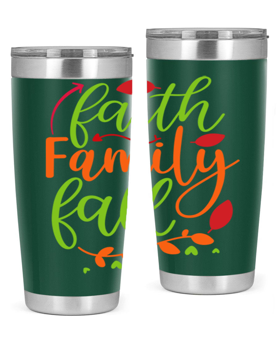 Faith Family Fall 20oz Tumbler in stainless steel with a fall-themed design, featuring a press-in lid and double wall vacuum insulation.