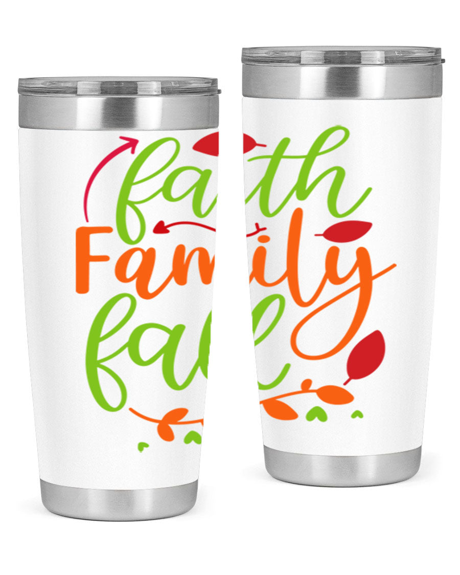 Faith Family Fall 20oz Tumbler in stainless steel with a fall-themed design, featuring a press-in lid and double wall vacuum insulation.