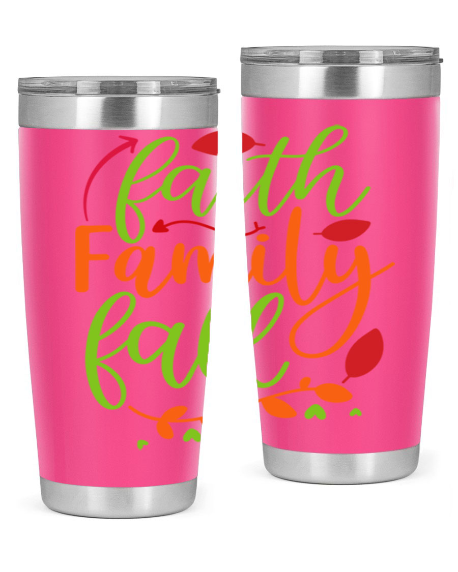 Faith Family Fall 20oz Tumbler in stainless steel with a fall-themed design, featuring a press-in lid and double wall vacuum insulation.