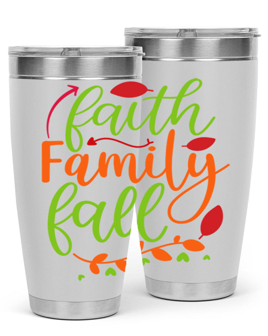 Faith Family Fall 20oz Tumbler in stainless steel with a fall-themed design, featuring a press-in lid and double wall vacuum insulation.
