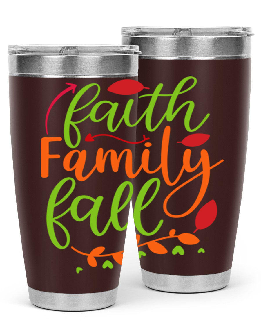 Faith Family Fall 20oz Tumbler in stainless steel with a fall-themed design, featuring a press-in lid and double wall vacuum insulation.