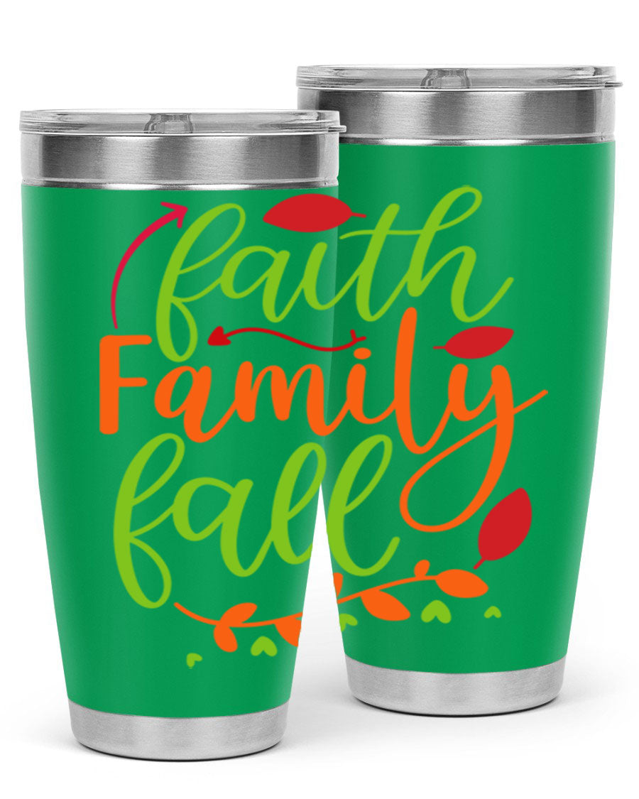 Faith Family Fall 20oz Tumbler in stainless steel with a fall-themed design, featuring a press-in lid and double wall vacuum insulation.
