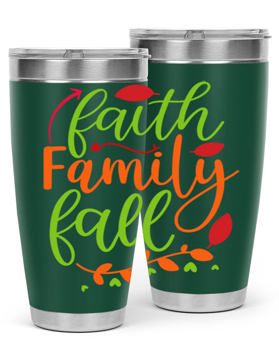 Faith Family Fall 20oz Tumbler in stainless steel with a fall-themed design, featuring a press-in lid and double wall vacuum insulation.