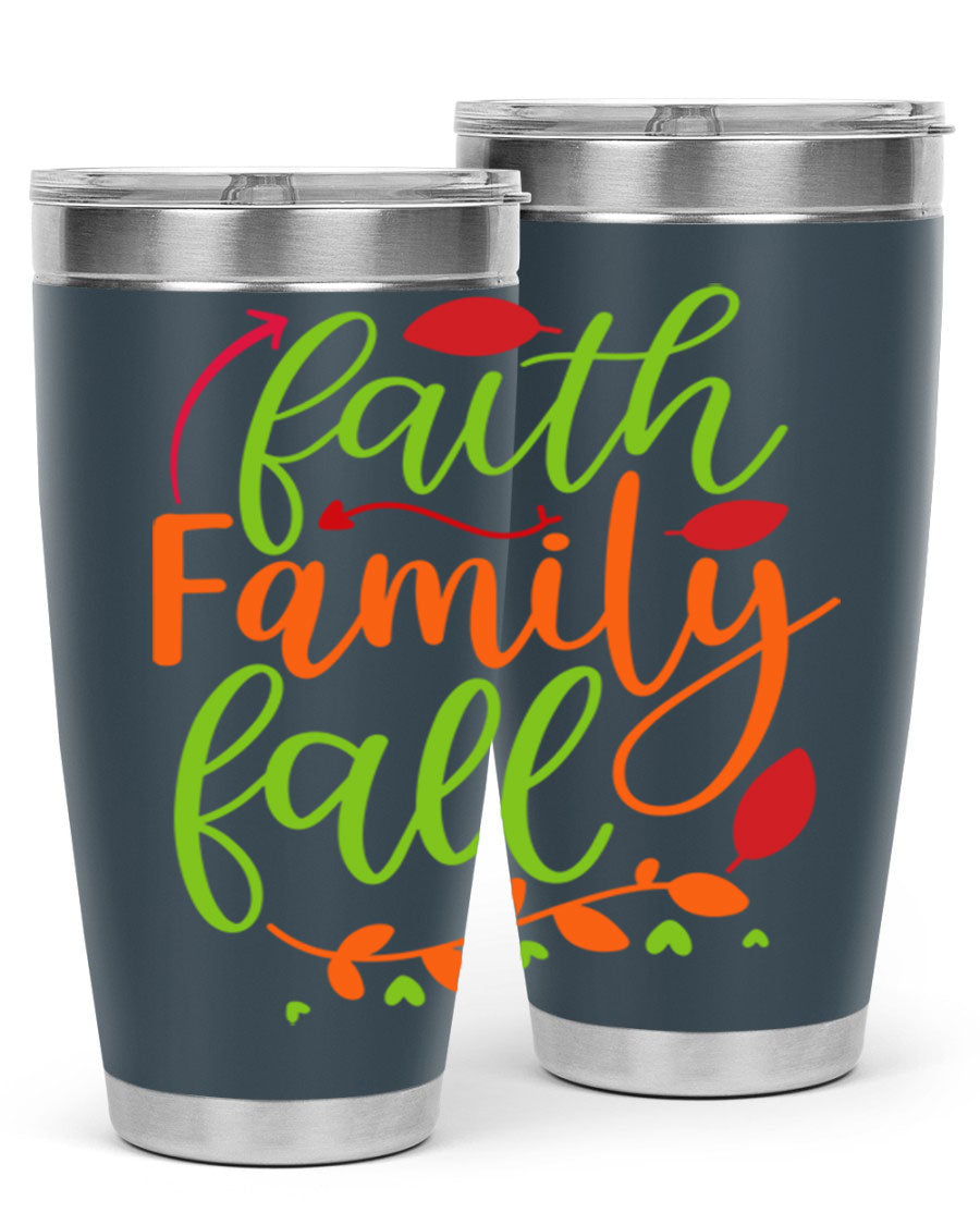 Faith Family Fall 20oz Tumbler in stainless steel with a fall-themed design, featuring a press-in lid and double wall vacuum insulation.