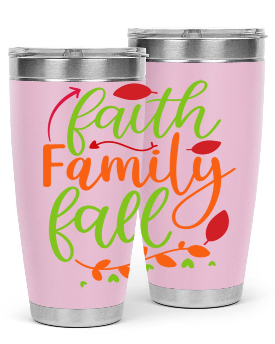 Faith Family Fall 20oz Tumbler in stainless steel with a fall-themed design, featuring a press-in lid and double wall vacuum insulation.