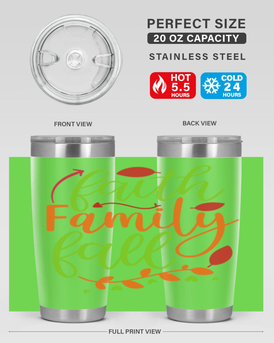 Faith Family Fall 20oz Tumbler in stainless steel with a fall-themed design, featuring a press-in lid and double wall vacuum insulation.