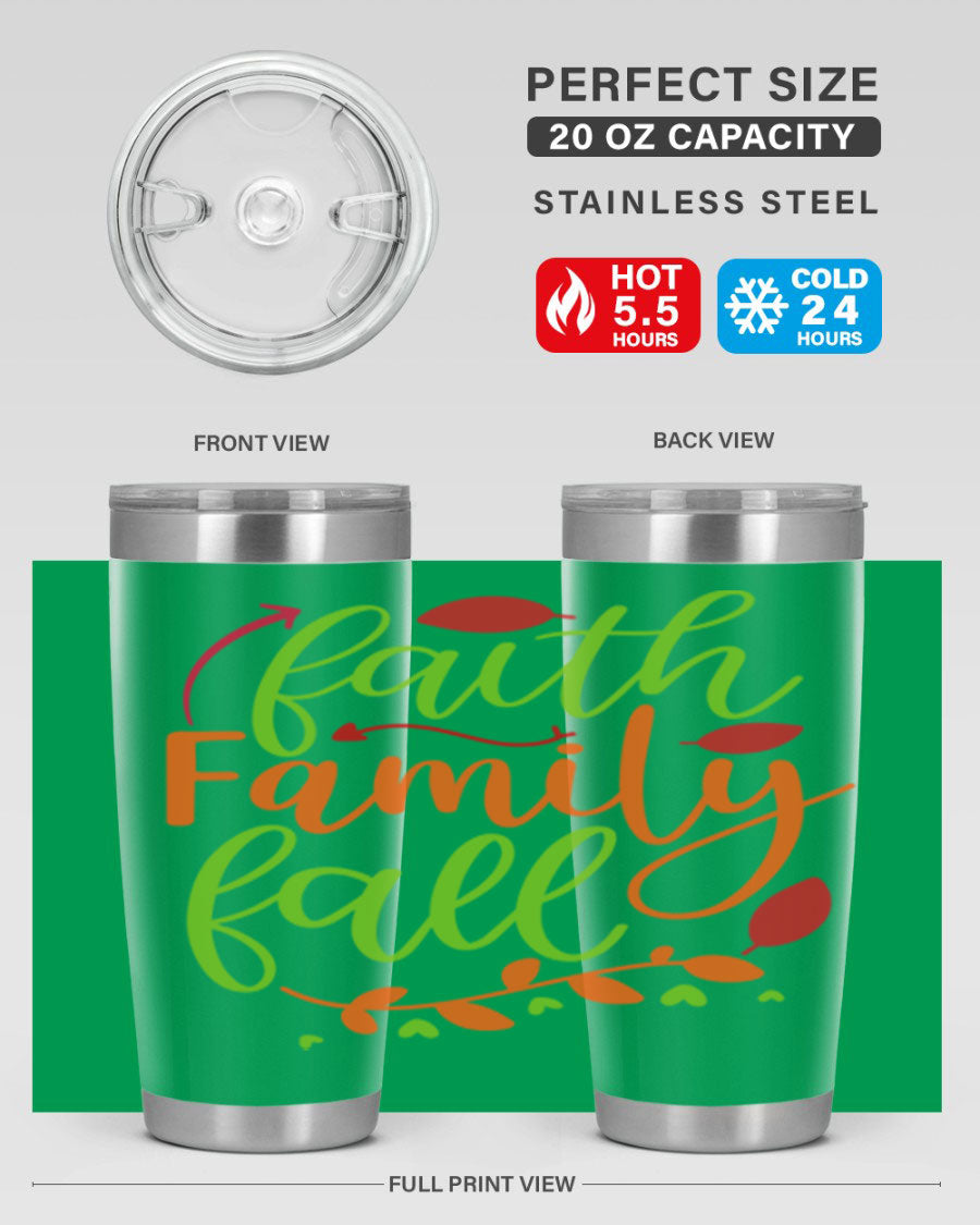 Faith Family Fall 20oz Tumbler in stainless steel with a fall-themed design, featuring a press-in lid and double wall vacuum insulation.