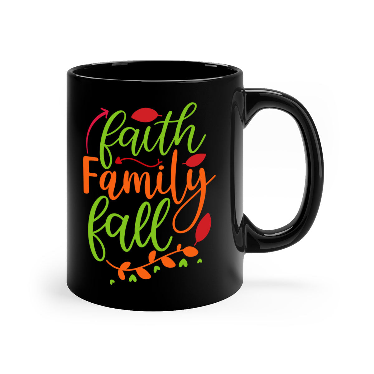 Faith Family Fall Mug featuring a two-tone design with a colored handle and glossy finish, available in multiple colors and sizes.