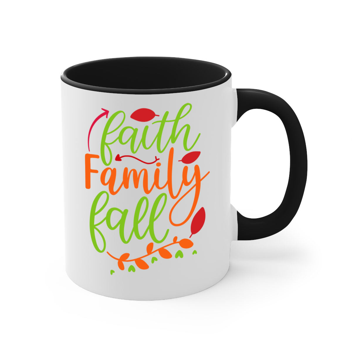 Faith Family Fall Mug featuring a two-tone design with a colored handle and glossy finish, available in multiple colors and sizes.