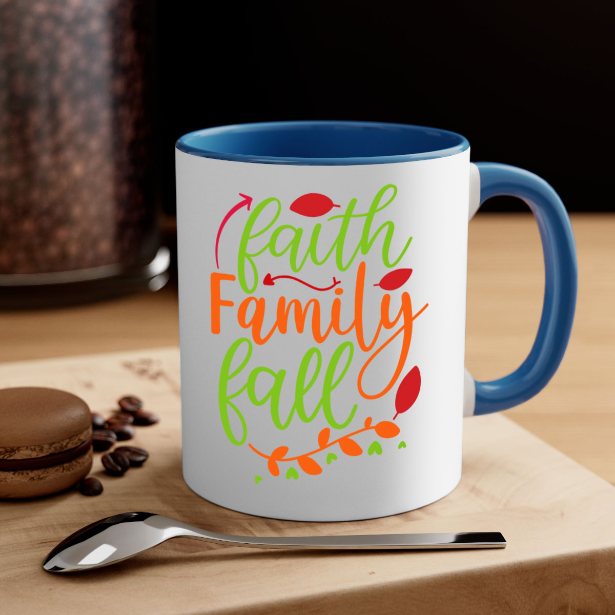 Faith Family Fall Mug featuring a two-tone design with a colored handle and glossy finish, available in multiple colors and sizes.
