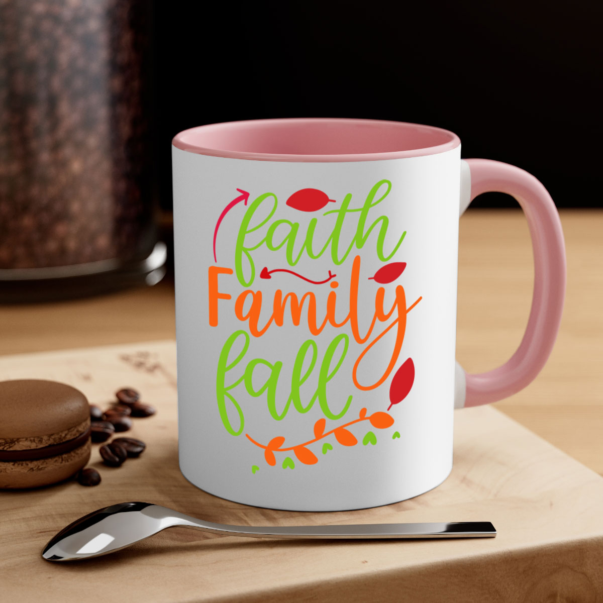Faith Family Fall Mug featuring a two-tone design with a colored handle and glossy finish, available in multiple colors and sizes.