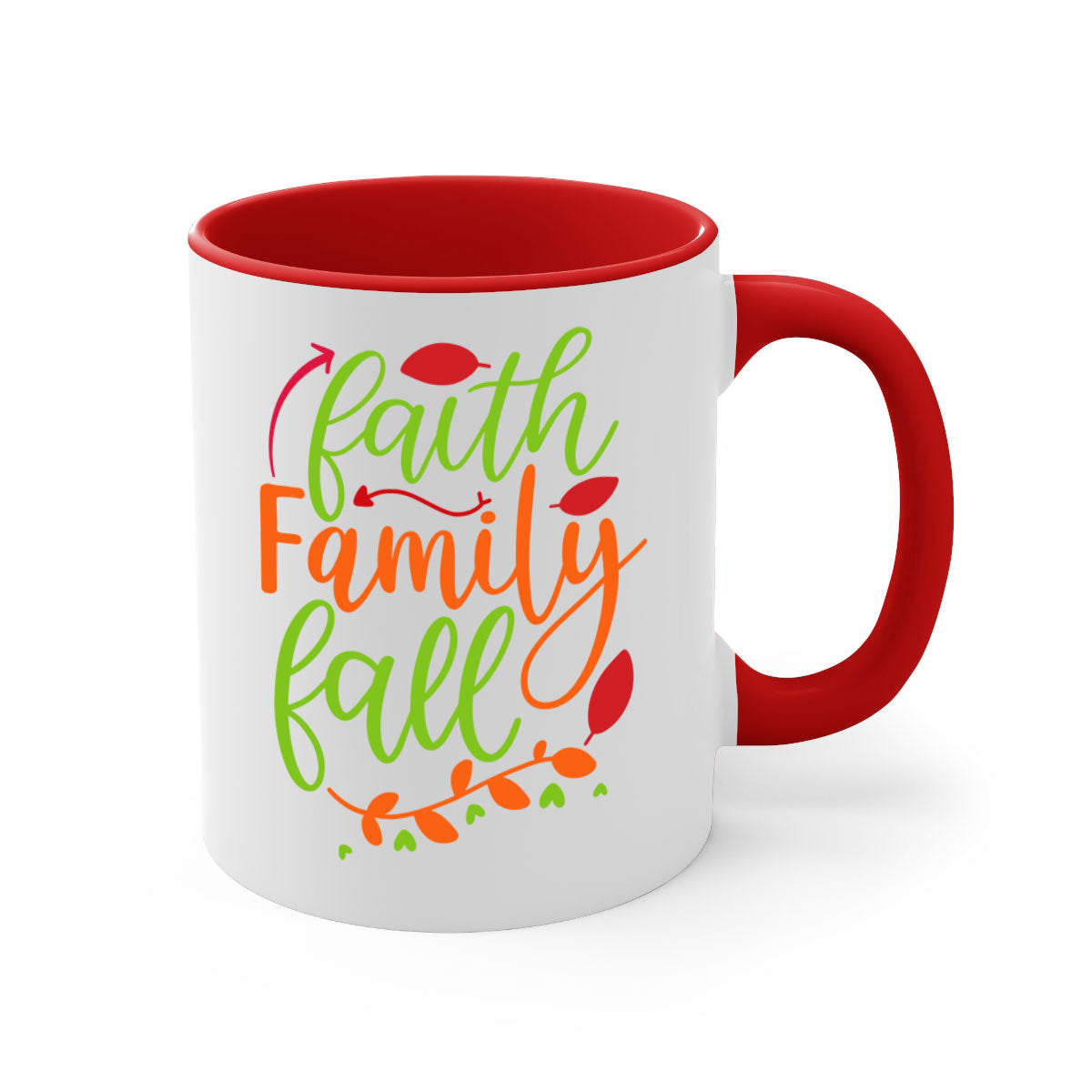 Faith Family Fall Mug featuring a two-tone design with a colored handle and glossy finish, available in multiple colors and sizes.